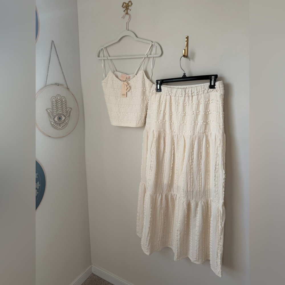 Viral Cream Textured crop top and Tiered Maxi Skirt two piece set